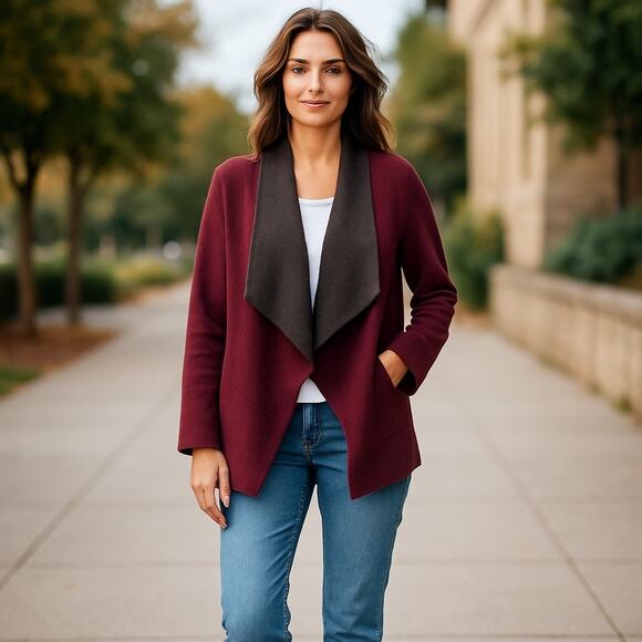 Eileen Fisher Merino Double-Knit Kimono Jacket Womens Large Burgundy Maroon - Picture 1 of 6